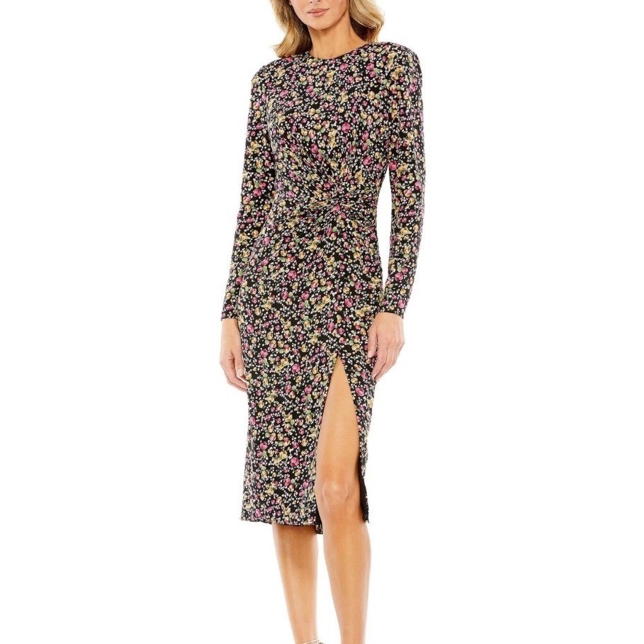 New Ieena Mac Duggal 26915 Sz 10 Floral Twist Front Long Sleeve Midi Dress
